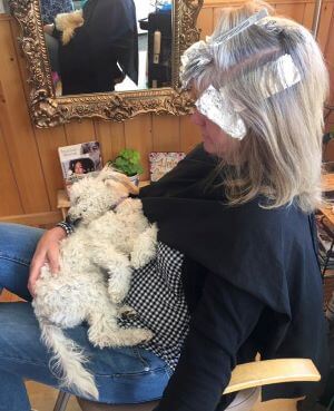 lady in salon chair holding dog