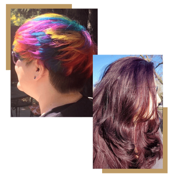 girl with short rainbow colored hair and girl with long red hair 